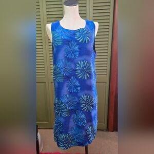 Blue and Green Sleeveless Dress With Monstera Leaves